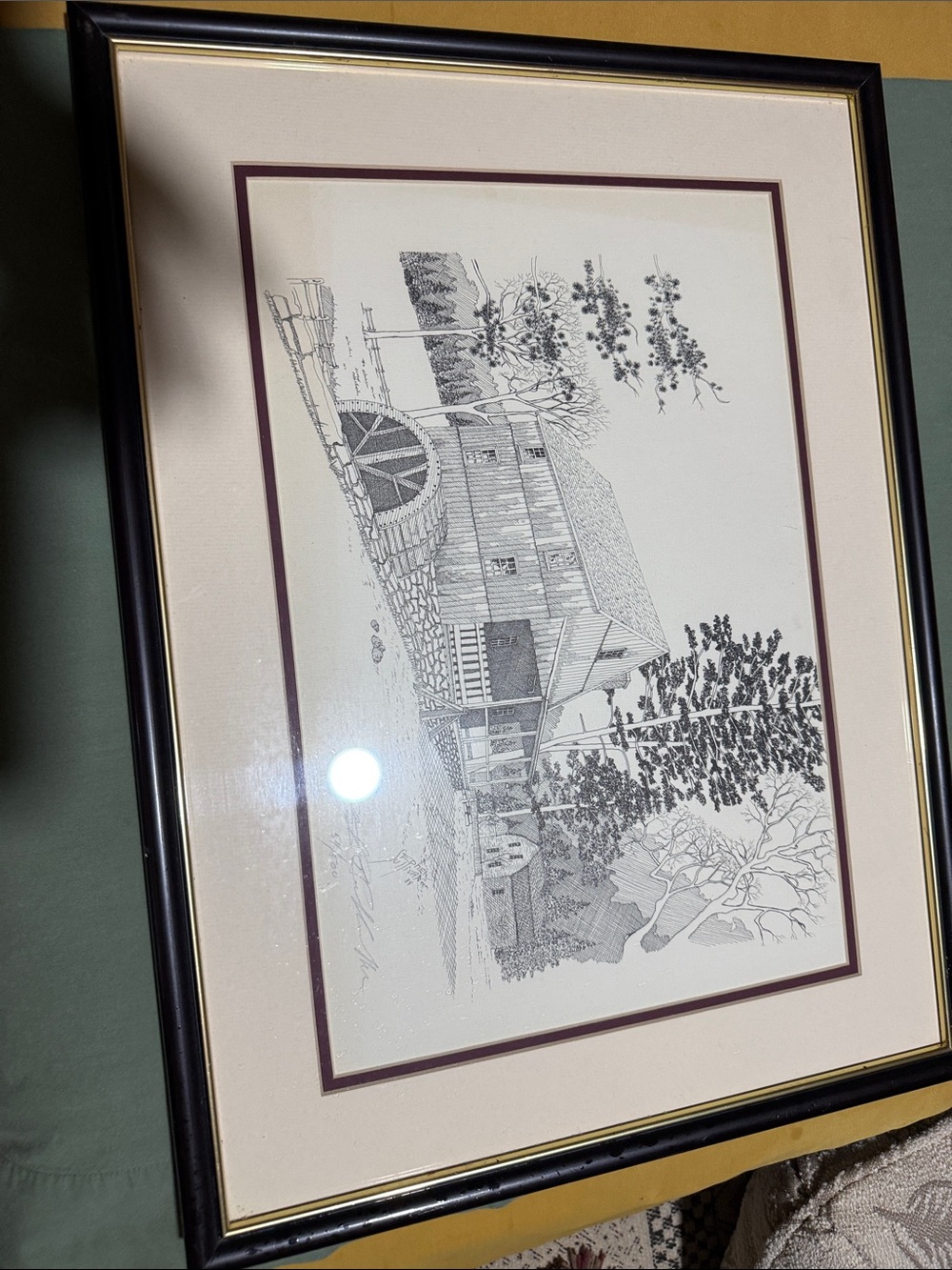 Framed Black and Cream Barn Illustration with Maroon Accent